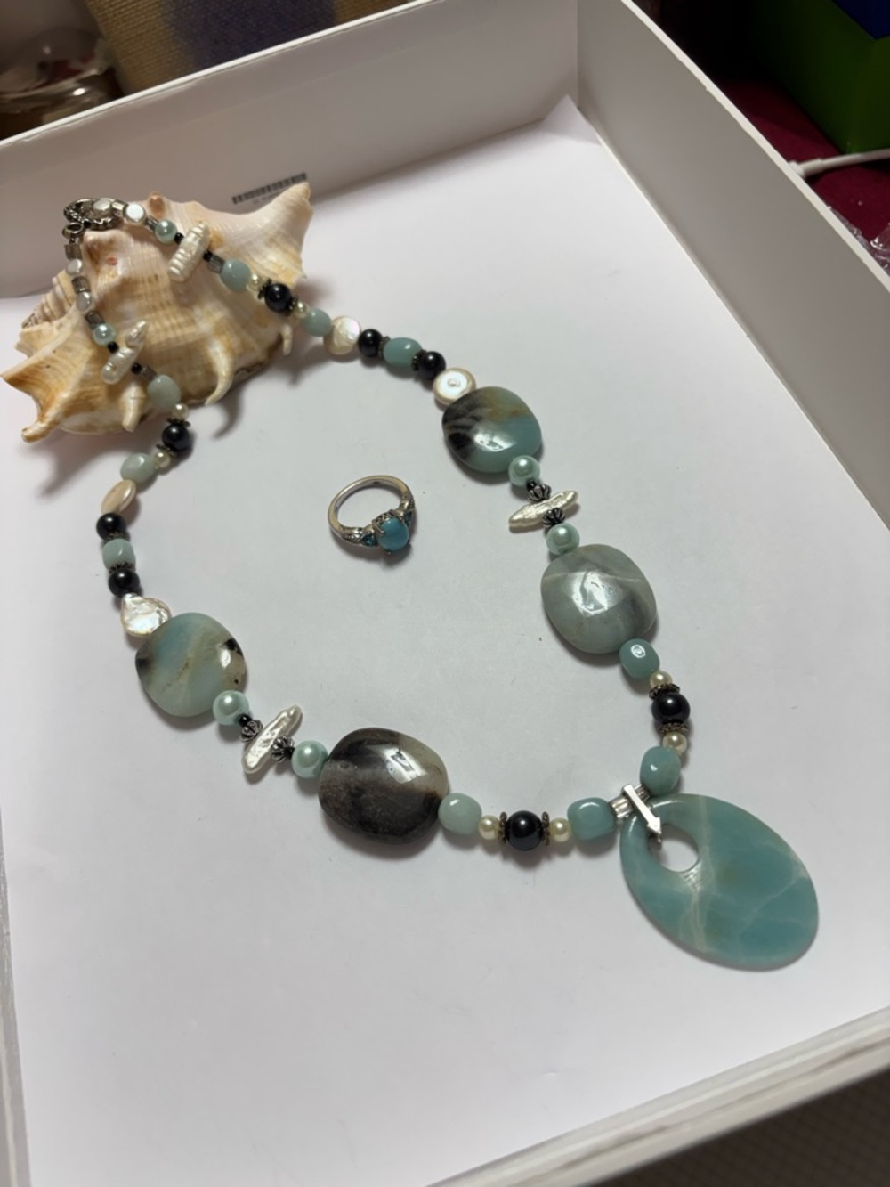 Artisan Gemstones and Pearl Necklace @18” w Larimar Ring